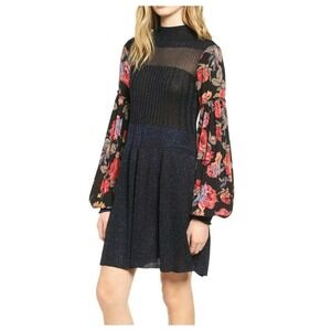 Free People Rose and Shine Sweater Dress‎ Womens L Black Floral Long Sleeve Mini
